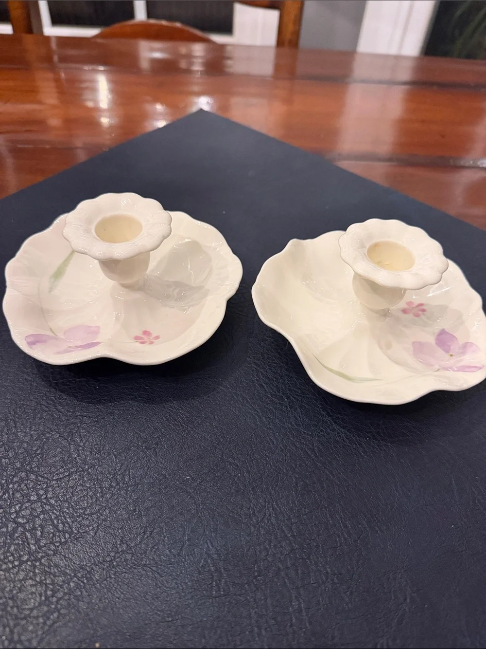Vintage Mikasa Cream Ceramic Floral Candle Holders with Lavender Accents - Pair